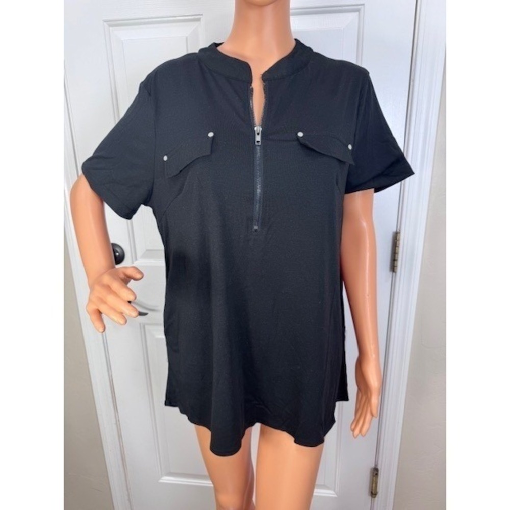 NEW Fisoul Women's black short sleeve XL top stretchy blouse top zipper